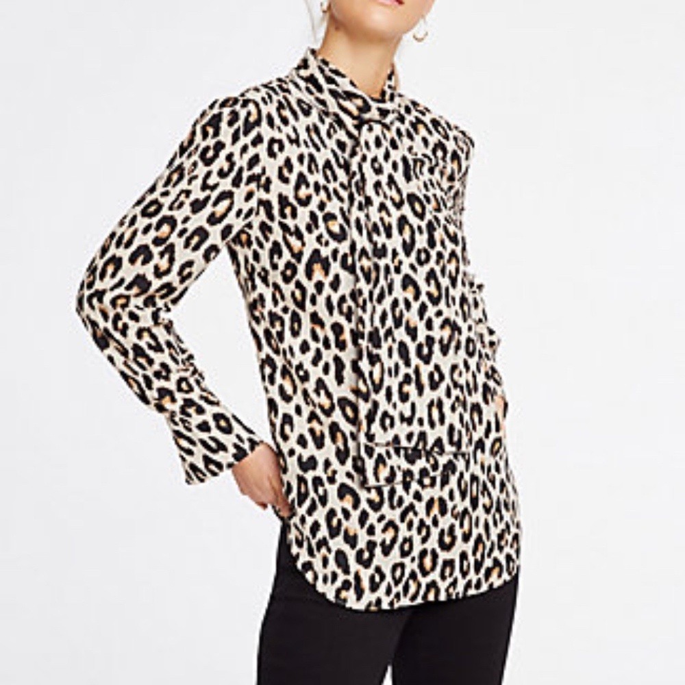 Ann Taylor Leopard Print Tie Neck Blouse MT Medium TALL Tan Black Mock Neck Bow